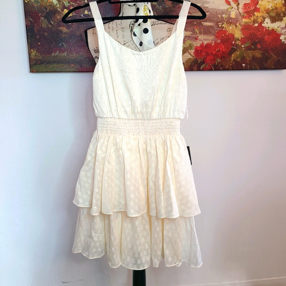 EXPRESS METALLIC TIER RUFFLE FIT & FLOW DRESS